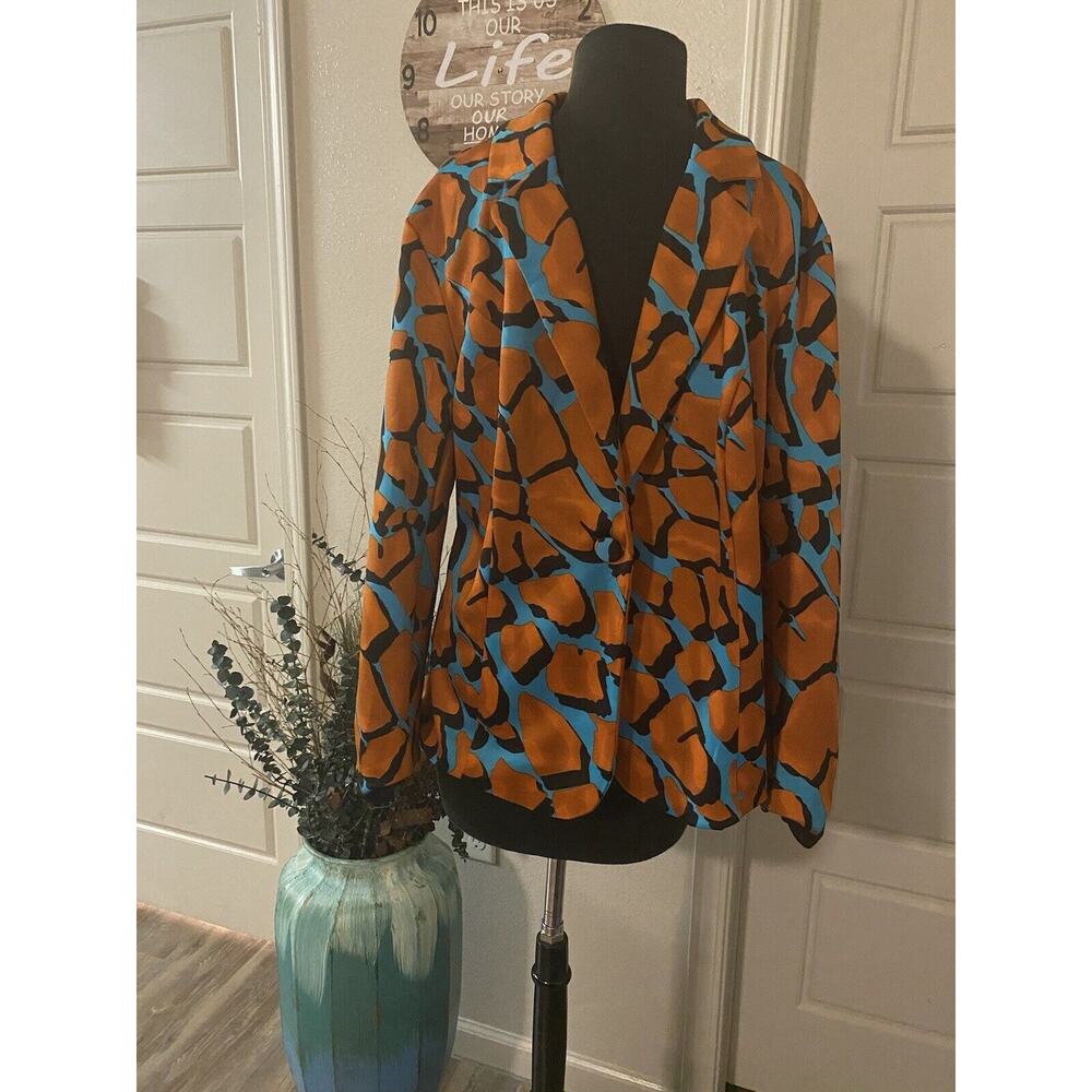 Ashley Stewart 18 Blazer Jacket Aqua/orange Print Open Front Long Sleeve